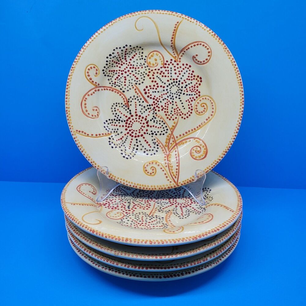 Pier 1 Floral Dots Set Of 5 Discontinued 9" Salad Plates Raised Dots